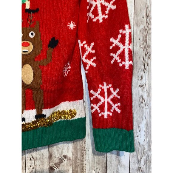Joyland Ugly Christmas Sweater Rudolph Decorating Tree w/ Elf Snowflakes 3-D - Picture 2 of 8
